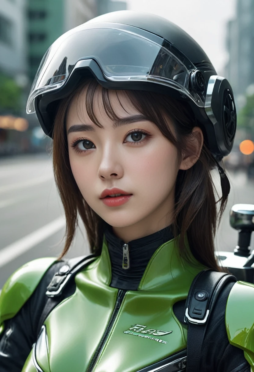 Maximum image quality, outstanding details, ultra high resolution, (realism: 1.4), the best illustration, favor details, 1 very condensed girl, with a delicate and beautiful face, dressed in a black and green wick, wearing a mecha helmet, holding a directional controller, ride a motorcycle, the background is a high-tech lighting scene of the city of the future.sitting en una moto, sitting, esta sitting. 