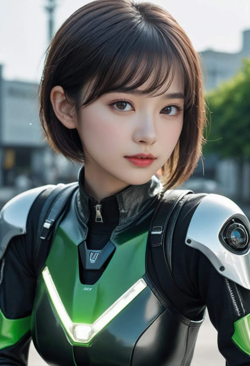 Maximum image quality, outstanding details, ultra high resolution, (realism: 1.4), the best illustration, favor details, 1 very condensed girl, with a delicate and beautiful face, dressed in a black and green wick, wearing a mecha helmet, holding a directional controller, ride a motorcycle, the background is a high-tech lighting scene of the city of the future.sitting en una moto, sitting, esta sitting.