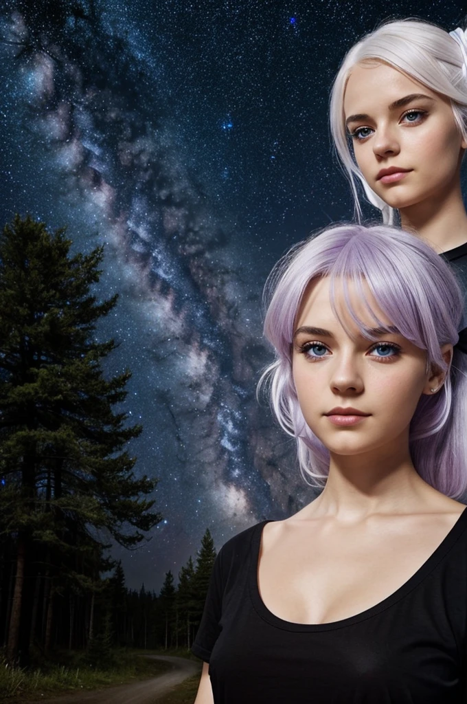 A girl with white hair, with some Bows, He has lilac eyes, his eyes look tired but he looks cute, He has a short black t-shirt, and you can see her breasts, The background is a striking forest where it is night and you can see galaxies and stars.