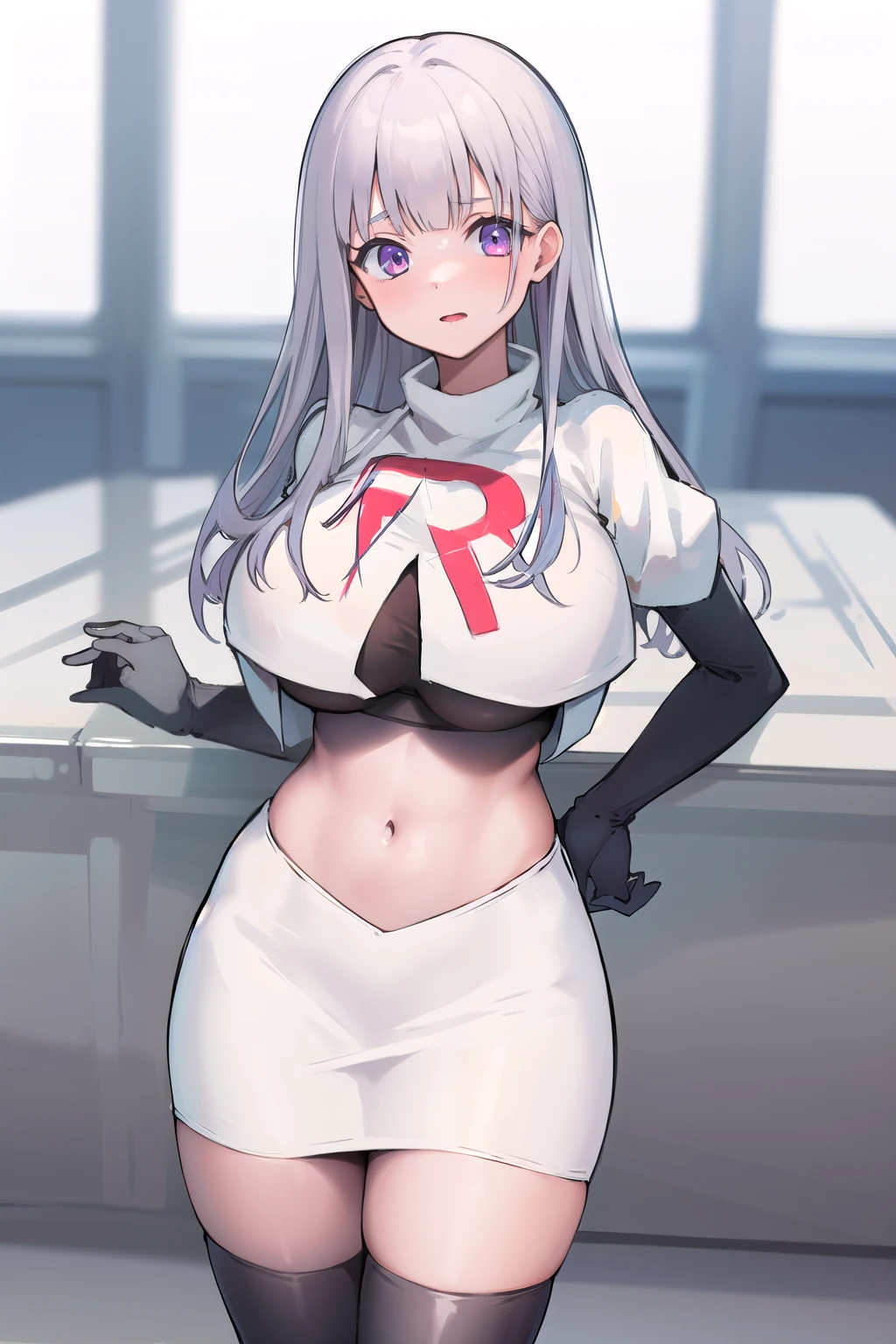 masterpiece,high quality,1girls, large breasts,plmtazln,team rocket,team rocket uniform,white skirt,red letter R,crop top,black thigh-highs,black elbow gloves