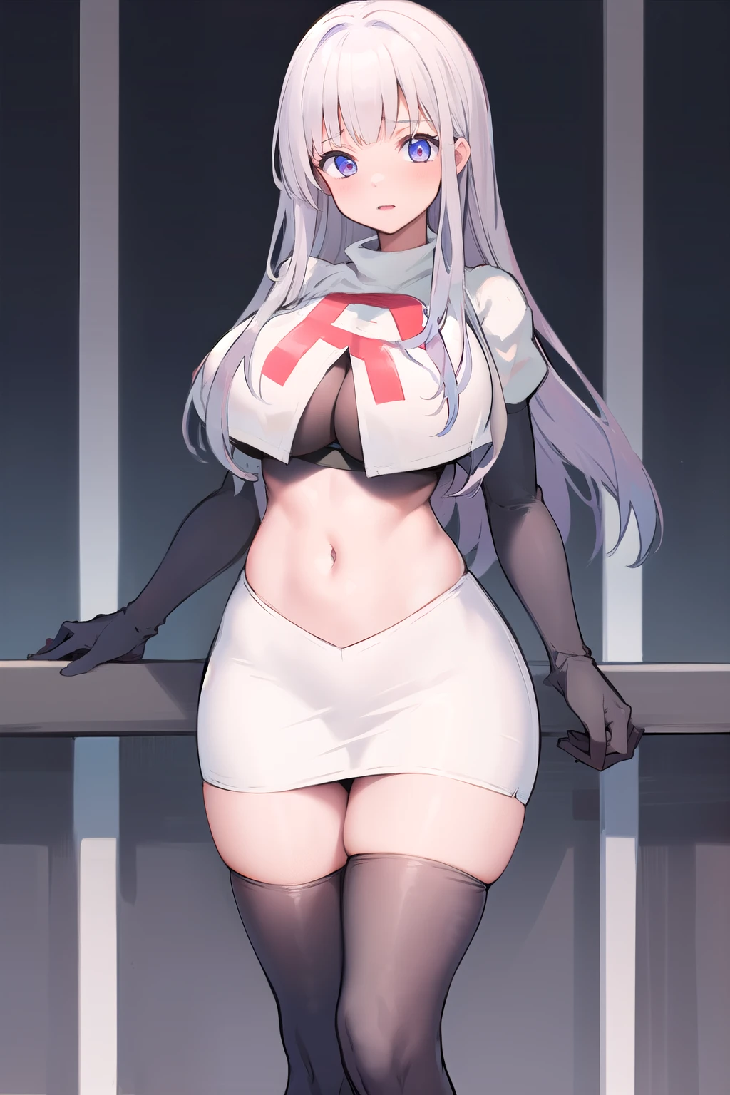 masterpiece,high quality,1girls, large breasts,plmtazln,team rocket,team rocket uniform,white skirt,red letter R,crop top,black thigh-highs,black elbow gloves