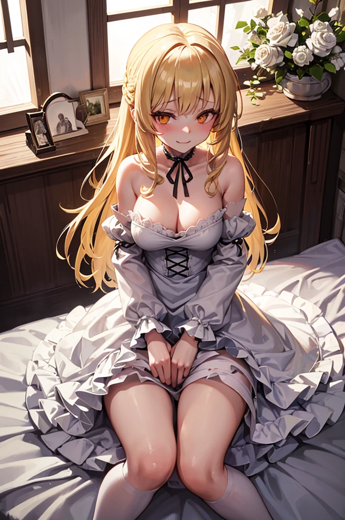 Kirakishou, rozen maiden, 1woman, ?????????????, tall, doll joints, white ornately ruffled dress, two small white roses tied to hair, blonde hair, oink blonde hair, yellow golden eye, evil grin, naughty, spreading legs, panties face, sitting, sitting on bed,
