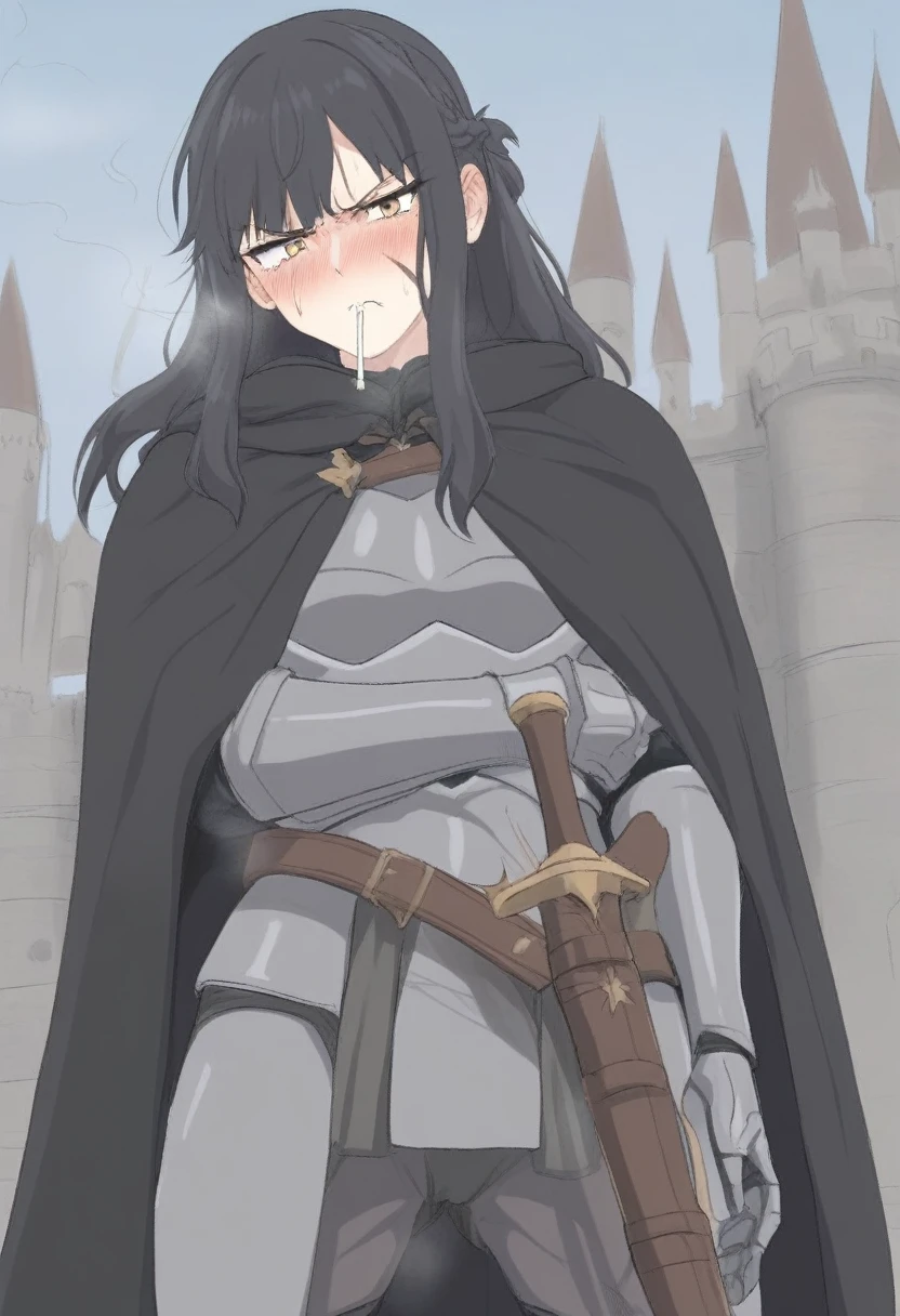 (masterpiece, best quality:1.2) {{Artist: sincos)}} 1woman, mature woman, solo, stern, sfw, clothed, french braid, long hair, tall, black hair, golden eyes, looking tired, scar over left eye, black cloak, cape, black cape, looking down at viewer, smoking, dagger at hip, dagger, castle background, dark fantasy, cigarette in mouth, detailed background, cold expression, armored, wearing armor, stern expression, fully clothed, stern face, cold expression, frown, scoffing