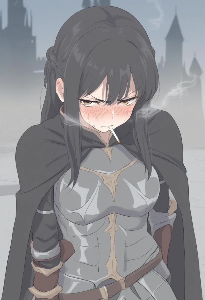 (masterpiece, best quality:1.2) {{Artist: sincos)}} 1woman, solo, stern, sfw, clothed, french braid, long hair, tall, black hair, golden eyes, looking tired, scar, black cloak, cape, black cape, looking down at viewer, smoking, dagger at hip, dagger, castle background, cigarette in mouth, cold expression, armored, wearing armor, stern expression, fully clothed, stern face, cold expression, frown, scowl, no blush, unfriendly