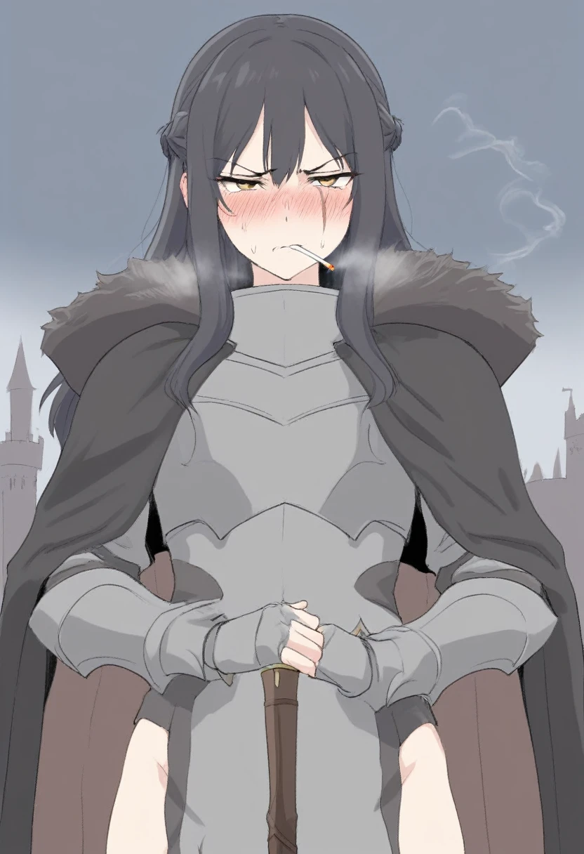 (masterpiece, best quality:1.2) {{Artist: sincos)}} 1woman, solo, stern, sfw, clothed, french braid, long hair, tall, black hair, golden eyes, looking tired, scar, black cloak, cape, black cape, looking down at viewer, smoking, dagger at hip, dagger, castle background, cigarette in mouth, cold expression, armored, wearing armor, stern expression, fully clothed, stern face, cold expression, frown, scowl, no blush, unfriendly