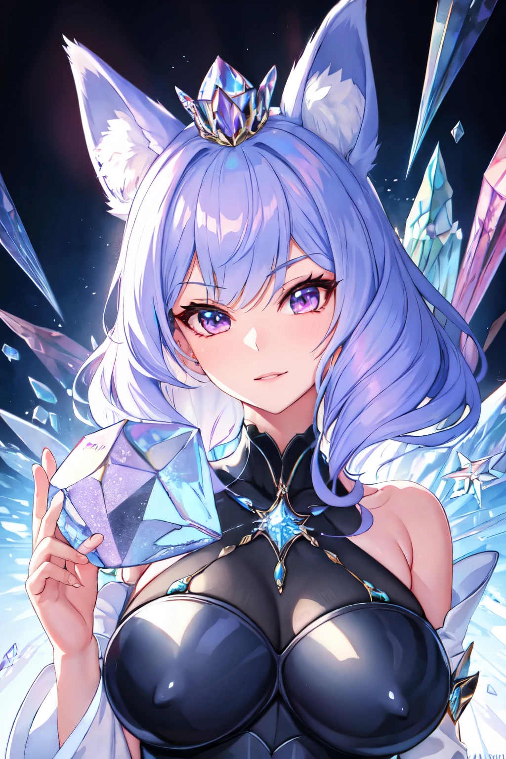 humanoid female fox wearing a crystal crown, light purple hair, fox ears, and crystallized gemstone foxtails