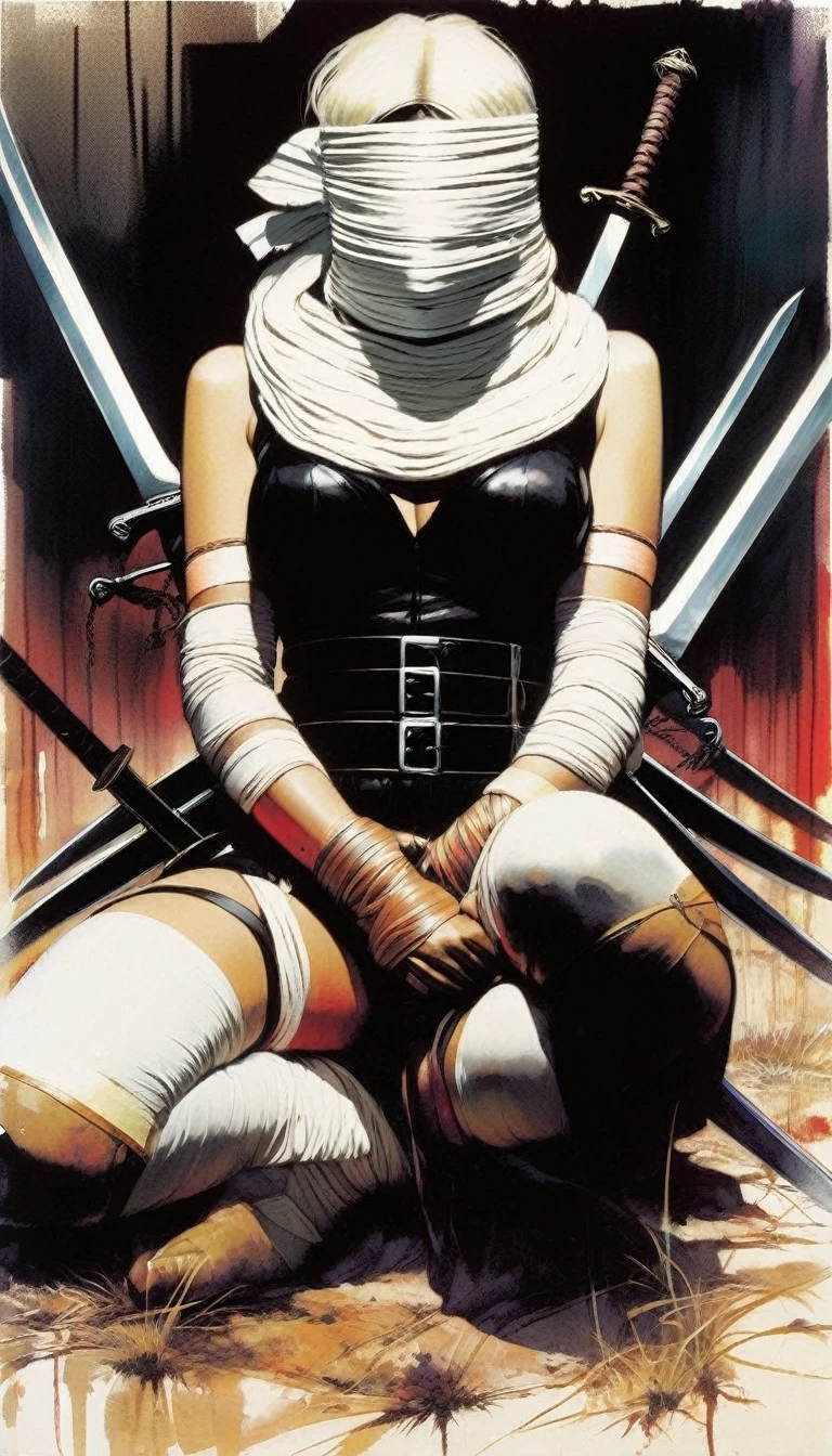 woman bound with bandages, eyes covered, tied, 8 swords stuck in the ground (art inspired by Bill Sienkiewicz)
