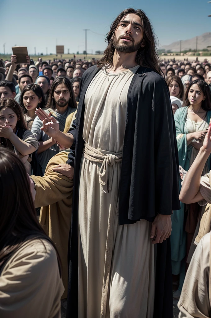 1st century Israel, open field, clear day, Jesus Christ ascending to the heavens in all glory, crowd looking and seeing Jesus ascending to the heavens, hyper-realistic, photographic quality