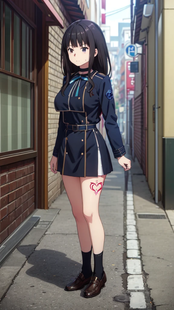 (((Pixel Perfect, Perfect in every detail))), alone, 1 personの女の子, Inoue Check, Licorice Uniform, View your viewers, Mouth closed, (((Pixel Perfect, Perfect in every detail))), alone, 1 person, Chisato Nishikigi, Uniform sake, Looking at the audience, 1 personの女の子, alone, chest, Neck ribbon, Collared shirt, Uniform sake, Two-tone micro mini dress, Blue Dress, Long sleeve, Red Belt, (((1 personの女の子))),(((alone))),(((1 person))).loafers、Black socks、女の子erson, whole body,（Low - Angle:1.4） alley, Contact us, Talk to your audience、Are Are standing、, 1 Girl}} Are standing,,{Show Viewer,, tattoo, High heels, saliva, tattoo、顔を強調するAre standing、Shaving, (下腹部のtattoo:1.5), (ハートのtattoo:1.5), (belly but ton: 1.1), 女の子1 pon, whole body,choker、slave、 Big Breasts、chestの膨らみ，big、Expressionless、（Blacknee-length socks:1.4）Micro Mini Skirt