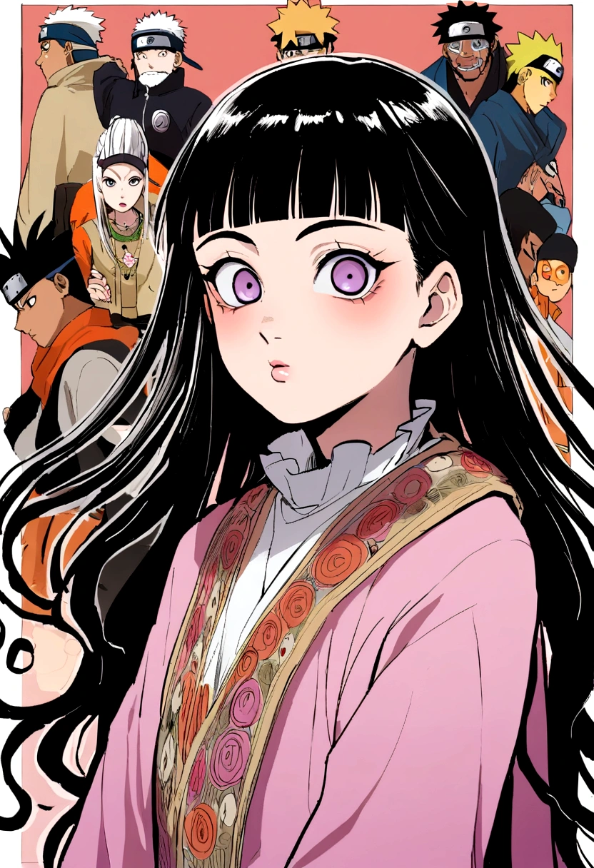 Naruto manga eslito, a girl with long black hair with bangs (Hinata's hair style) eyes black, mamga naruto drawing, focus on the eyes/muka, 12 year old girl,