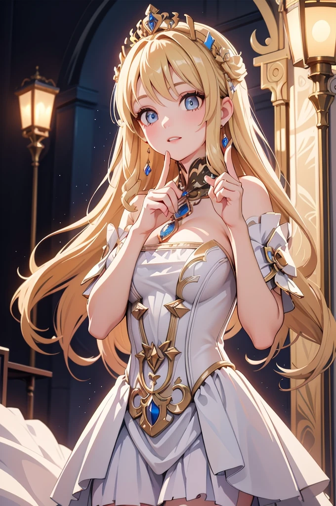 masterpiece、Highest quality、Ultra-detailed、Beautiful lighting、[[Thin fingers and hands:0.55]::0.85],(Finger details)、Blonde、White Dress、noble、palace