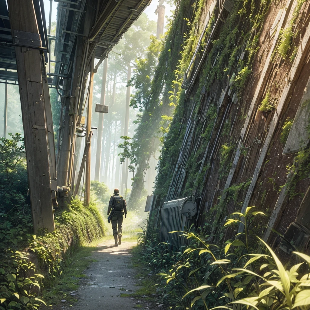 (ultra detailed), (Masterpiece), (Best Quality), (Fondo de pantalla CG unidad 8k Very detailed), a man in hazmat gas mask suit exploring abandoned city, following the path, contaminated, abandoned, (green sky), careless, dawn, conceptual art, (small growths of tiny shiny mushrooms, Estate, spores, contaminated air), (greenish sky), Dark, after the apocalypse, cinematographic, Very detailed, stylized wallpaper