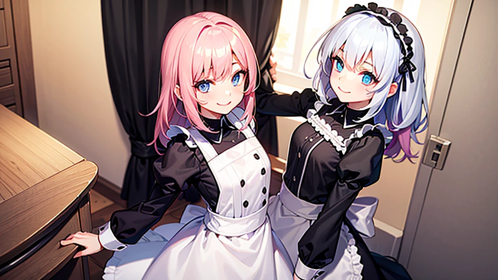 A girl with white hair with pink , blue eyes , tender look , girl suit {{Kind of Maid}} {{Little girl}} hair neither so short nor so long , passive smile