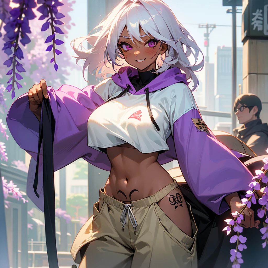 1female, sexy, big breast, young adult, dark skin, finely detailed plum eyes, wild medium hair, seashell white hair color, crop top oversized hoodie, baggy pants, standing on building, day time, tokyo streets, excited expression, tattoos, wisteria flowers, scars, blushing