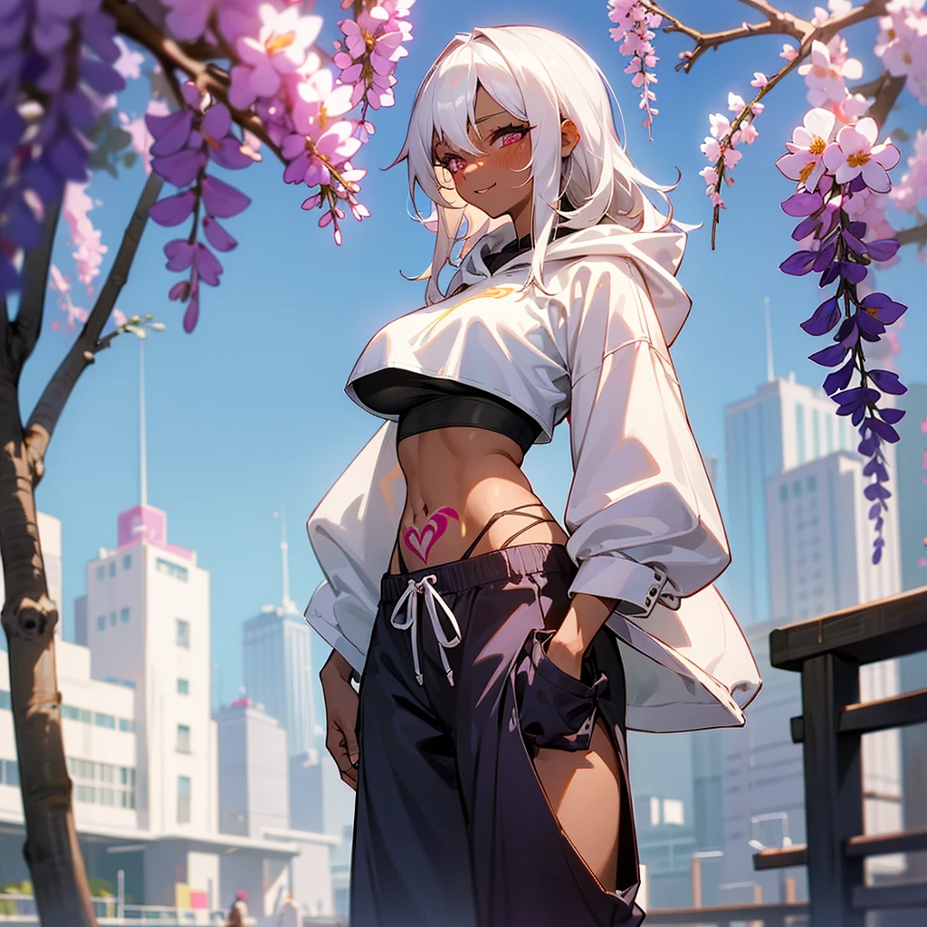 1female, sexy, big breast, young adult, dark skin, finely detailed plum eyes, wild medium hair, seashell white hair color, crop top oversized hoodie, baggy pants, standing on building, day time, tokyo streets, excited expression, tattoos, wisteria flowers, scars, blushing
