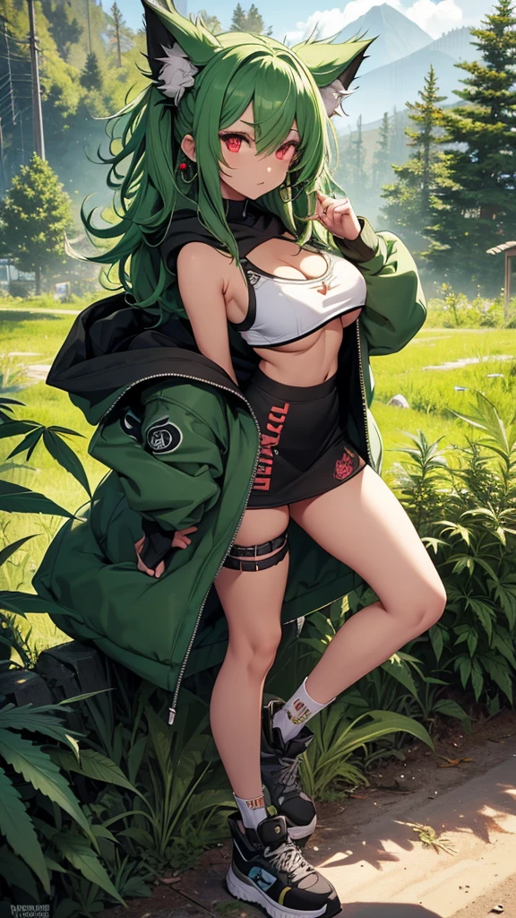 , Croped, , cleavage, slim waist, cropped hoodie underboob, cropped hoodieunderboobhoodie, 1girl, 2 wolf ears, wolf tail, marijuana crop hoodie, crop shorts, marijuana hoodie, spiky hair, spiky fur, green hair, red eyes,marijuana field scenery, tight clothes, perfect eyes, perfect hands, clear resolution, full body, cleavage skin, marijuana plants, open hoodie, marijuana scenery, black thigh high socks, full body, earrings, 1girl, skirt, cleavage, slim waist, cleavage, slim waist, hair pulled back,