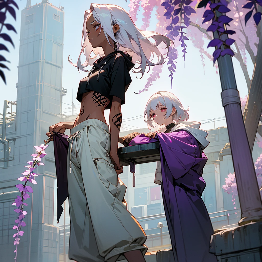 1female, sexy, young adult, dark skin, finely detailed plum eyes, wild medium hair, seashell white hair color, crop top oversized hoodie, baggy pants, standing on building, day time, tokyo streets, somber expression, tattoos, wisteria flowers, scars