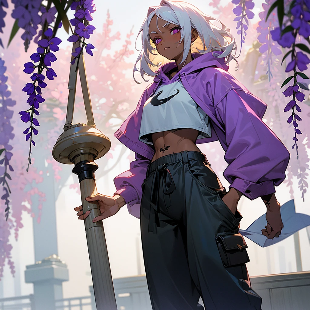 1female, sexy,  adult, dark skin, finely detailed plum eyes, wild medium hair, seashell white hair color, crop top oversized hoodie, baggy pants, standing on building, day time, tokyo streets, somber expression, tattoos, wisteria flowers, scars