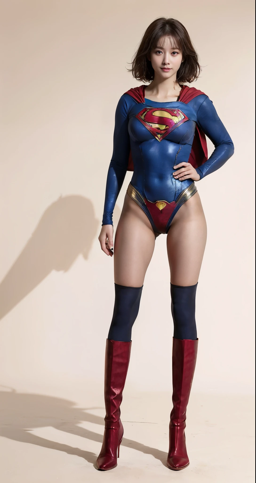 No background、(((Beautiful legs in black tights.)))、(((Legally express the beauty of your smile)))、((((Make the most of your original images)))、(((Supergirl Costume)))、(((Beautiful very short hair)))、(((suffering)))、(((Please wear black tights....、Wear red boots)))、((Best image quality、8K))、((Highest quality、8K、masterpiece:1.3))、(((Preserve background )))、Sharp focus:1.2、Beautiful woman with perfect figure:1.4、Slim Abs:1.2、Wet body:1.5、Highly detailed face and skin texture、8K