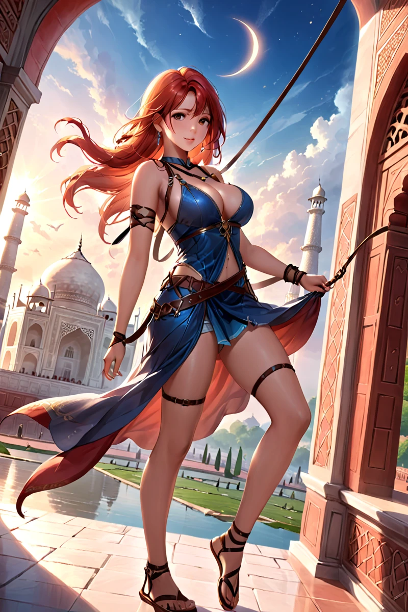 ethereal fantasy concept art of (masterpiece,best quality,ultra high res:1.1),(photo-realistic:1.1),hanging breasts,side_light,red hair,
1girl,20yo,
sweat,outdoors,
looking at viewer,
naitaopidai,leather harness,
wrapped in leather straps,harnesses and garters,barefoot_sandals,(the breeze blows hair:0.8),Taj_Mahal,wiping_tears,fairy music fluttering,, magnificent, celestial, ethereal, painterly, epic, majestic, magical, fantasy art, cover art, dreamy