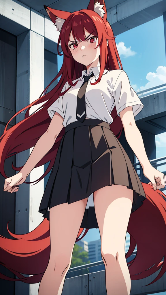 1girl ,20s,angry face,white shirt,short sleeves,(black standard tie),white school skirt,(red hair),long hair,fox ears,Shot from below,university balcony,pout,