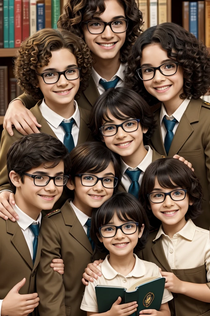 Four characters which must be distributed as a boy with short hair and a girl with curly hair and two girls with glasses and straight hair And all the characters must be smiling and holding books with brown uniform animated children 