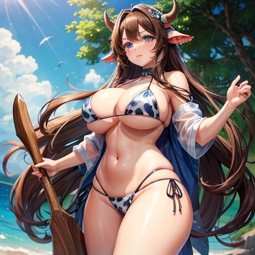 Beautiful woman with brown hair and blue eyes　　Cow horn　　Has a big axe　　Long Hair　　　Cow print bikini　Large Breasts