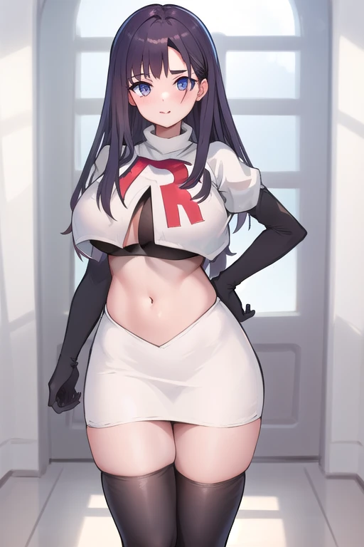 masterpiece,high quality,1girls, large breasts,plmtazln,team rocket,team rocket uniform,white skirt,red letter R,crop top,black thigh-highs,black elbow gloves