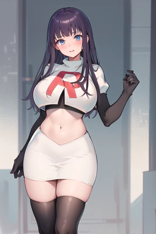 masterpiece,high quality,1girls, large breasts,plmtazln,team rocket,team rocket uniform,white skirt,red letter R,crop top,black thigh-highs,black elbow gloves