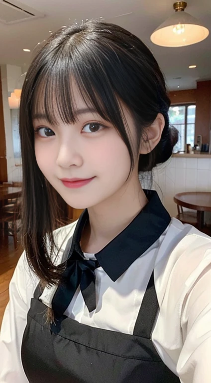 (highest quality,masterpiece:1.3,ultra high resolution,),(Super detailed,caustics),(Photoreal:1.4,RAW shooting,)ultra-realistic capture,very detailed,High resolution 16K human skin close-up。 natural skin texture、,The pores are、、、Must be detailed enough to be easily identified。 Skin should look even-toned and healthy。 Use natural light and color,restaurant,Waitress Uniform,1 girl,Japanese,18-year-old,cute,black haired,ponytail,big breasts,smile,turn your body forward,(Front view:1.1),look at the camera,cowboy shot,