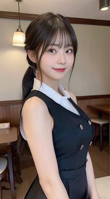 (highest quality,masterpiece:1.3,ultra high resolution,),(Super detailed,caustics),(Photoreal:1.4,RAW shooting,)ultra-realistic capture,very detailed,High resolution 16K human skin close-up。 natural skin texture、,The pores are、、、Must be detailed enough to be easily identified。 Skin should look even-toned and healthy。 Use natural light and color,restaurant,Waitress Uniform,1 girl,Japanese,18-year-old,cute,black haired,ponytail,big breasts,smile,turn your body forward,(Front view:1.1),look at the camera,cowboy shot,