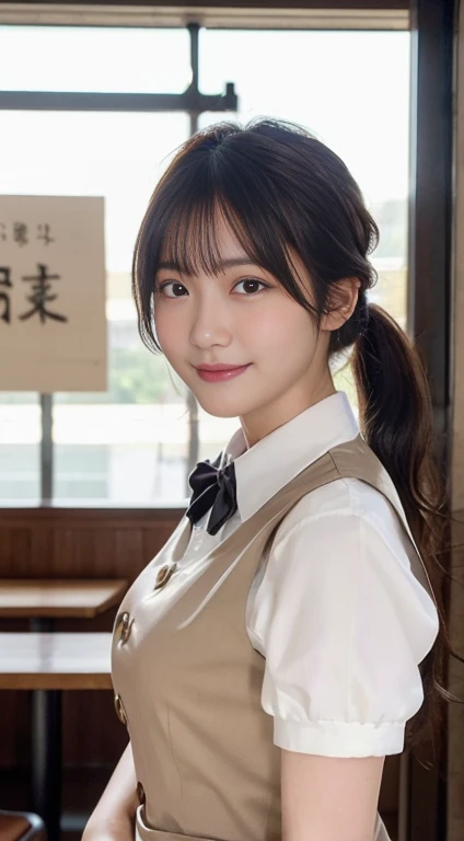 (highest quality,masterpiece:1.3,ultra high resolution,),(Super detailed,caustics),(Photoreal:1.4,RAW shooting,)ultra-realistic capture,very detailed,High resolution 16K human skin close-up。 natural skin texture、,The pores are、、、Must be detailed enough to be easily identified。 Skin should look even-toned and healthy。 Use natural light and color,restaurant,Waitress Uniform,1 girl,Japanese,18-year-old,cute,black haired,ponytail,big breasts,smile,turn your body forward,(Front view:1.1),look at the camera,cowboy shot,