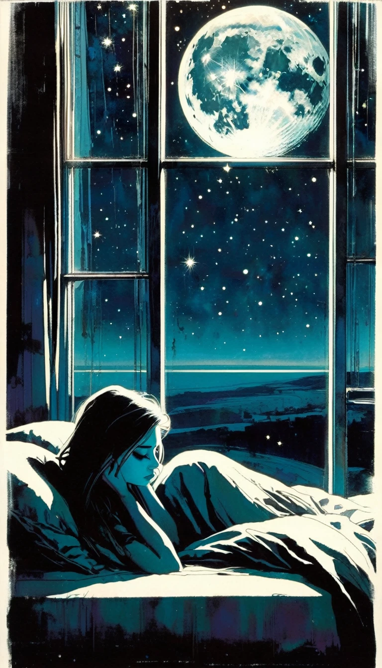 girl cries in bed, sadness, loneliness, large window with views of the moon and stars (art inspired by Bill Sienkiewicz)