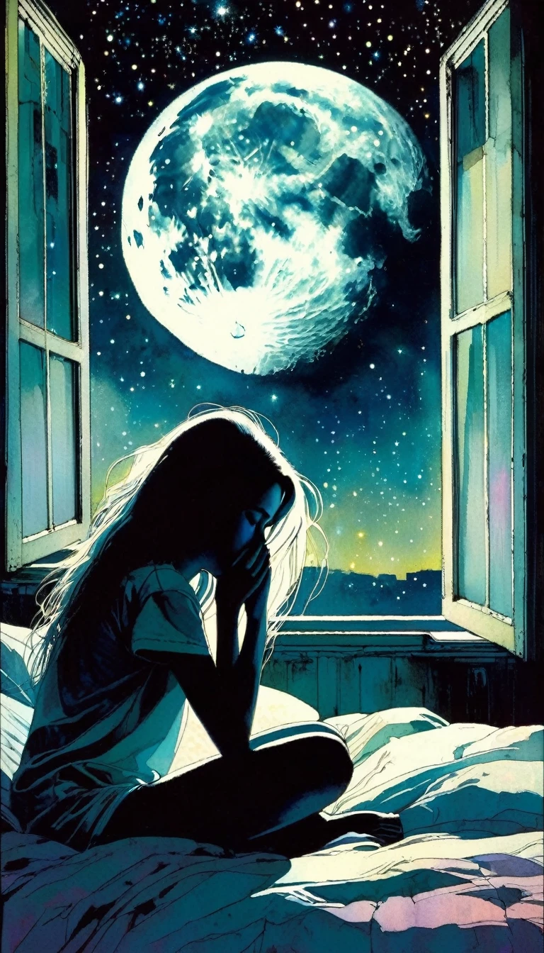 girl cries in bed, sadness, loneliness, large window with views of the moon and stars (art inspired by Bill Sienkiewicz)

