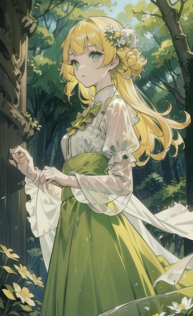 girl,yellow hair,Curly hair,light green eyes,Wear a sheer skirt.,princess dress,atmosphere in the forest,There are big trees.,There are small flowers.,Clear picture,Clear face,Masterpiece