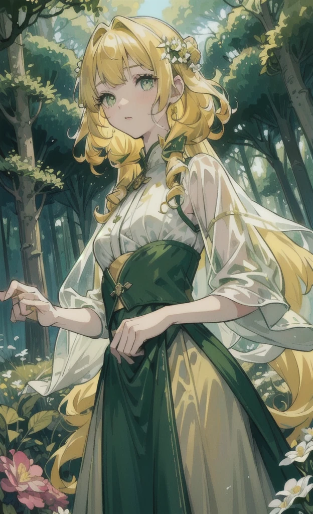 girl,yellow hair,Curly hair,light green eyes,Wear a sheer skirt.,princess dress,atmosphere in the forest,There are big trees.,There are small flowers.,Clear picture,Clear face,Masterpiece