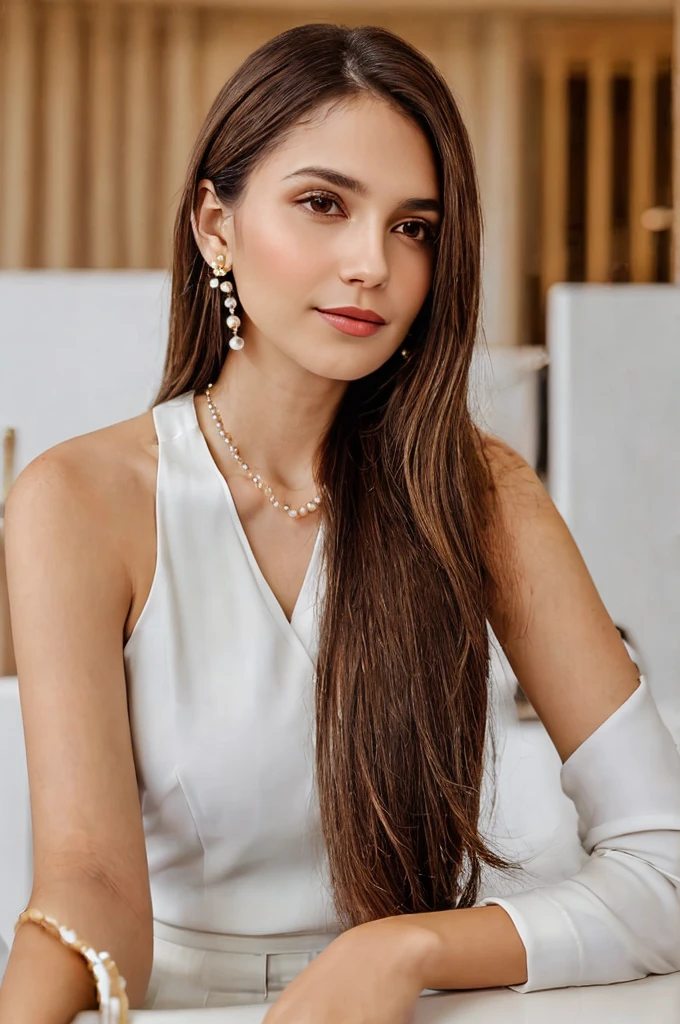 (Create a photo of a slim woman with a toned body). She has fair skin, brown eyes and long, wavy brown hair with caramel highlights (she is 27 years old). She is dressed elegantly and sophisticatedly. She wears a sophisticated set of elegant white blouse and sophisticated brown pants)) giving a clean and professional look. The accessories she wears are delicate gold jewelry: minimalist pearl earrings, delicate bracelets and a minimalist necklace, which complement the look with a touch of refinement. Her hair is loose, shoulder-length and well-groomed, adding an element of sophistication to her overall style. The makeup is discreet and well done, highlighting facial features in a subtle and natural way. 
 (You are in your extremely sophisticated office), your environment should have a cool light. ((The focus of the photo should be the woman sitting in a director's chair positioned looking at her computer that is above her office)). There are minimalist decorations in the environment. 8k quality, blur effect. Perfect eyes.