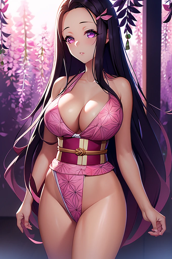 rialistic photo、Real Images、Top image quality、masterpiece, (Pink kimono), seductived faced, good lighting, beautiful thigh、adult appeal、Adults、Big、cleavage, finely detail, masterpiece,I can see my panties、 radiant eyes, 1girl in, A dark-haired, SUCK, Kamado Nezuko, wisteria background, masterpiece, top-quality, POV,,