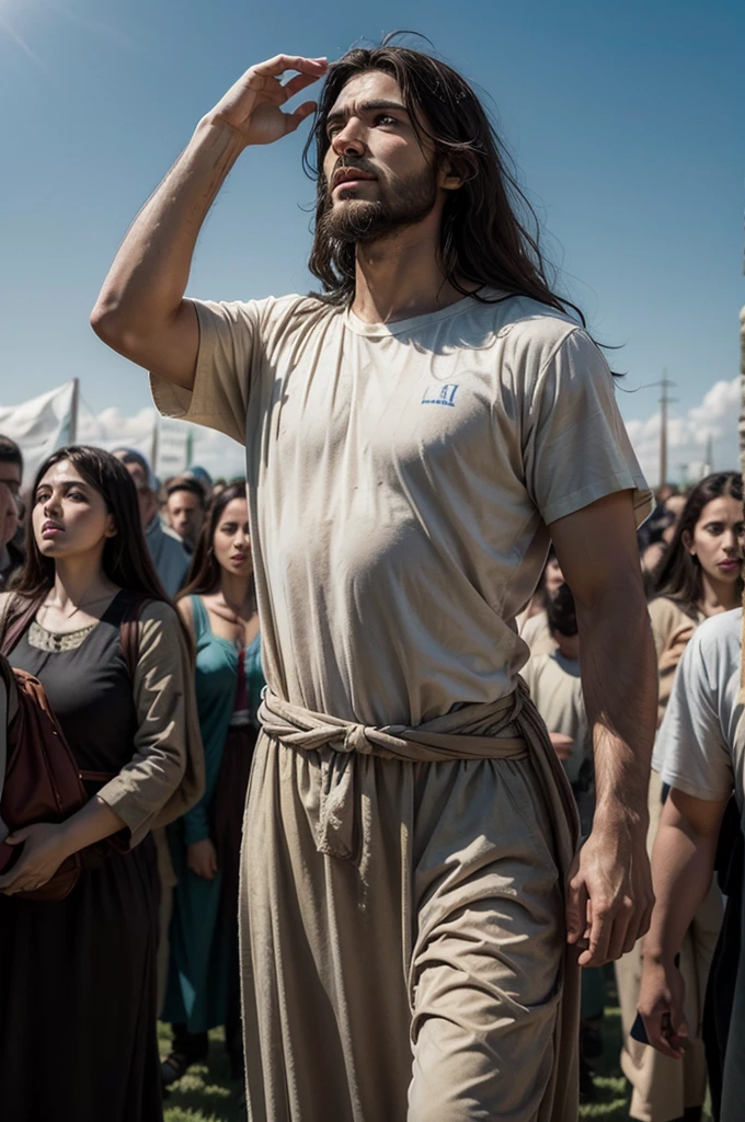 1st century Israel, open field, clear day, Jesus Christ ascending to the heavens in all glory, crowd looking and seeing Jesus ascending to the heavens, hyper-realistic, photographic quality, aspect ratio 16:9