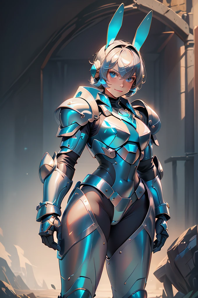 loking at viewer, light smile, blush,, o, cowboy shot, v arms, short silver hair, blue eyes, serious looks. looking at viewer, cowboy shot, solo, silver bunny ears,  lack bodysuit,  gloves, blue boots floating armor, power armor