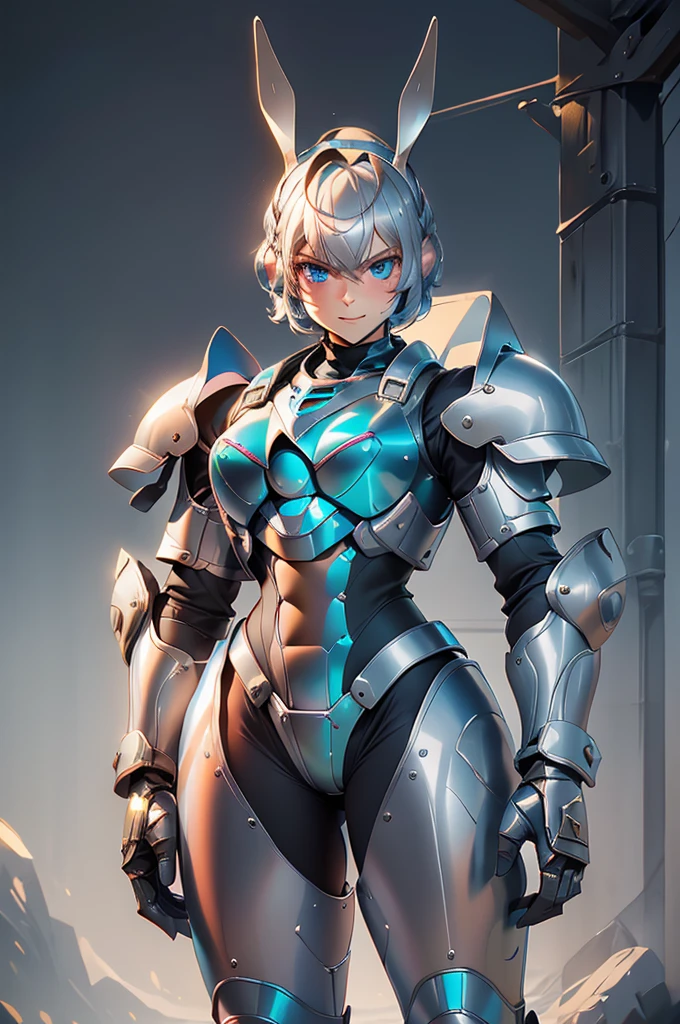 loking at viewer, light smile, blush,, o, cowboy shot, v arms, short silver hair, blue eyes, serious looks. looking at viewer, cowboy shot, solo, silver bunny ears,  lack bodysuit,  gloves, blue boots floating armor, power armor