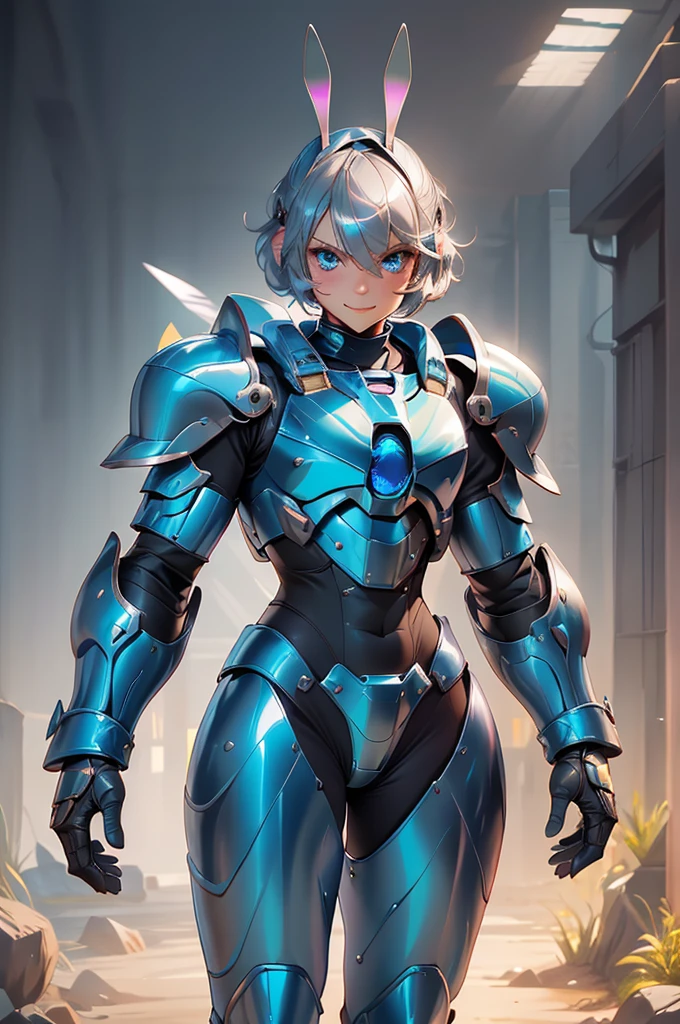 loking at viewer, light smile, blush,, o, cowboy shot, v arms, short silver hair, blue eyes, serious looks. looking at viewer, cowboy shot, solo, silver bunny ears,  lack bodysuit,  gloves, blue boots floating armor, power armor