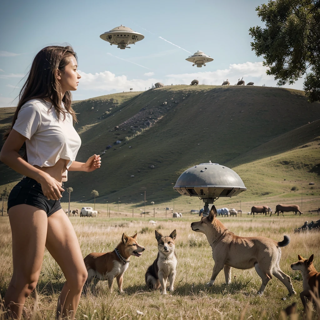 UFO seen in the distance on the grasslands abducting animals while people watch in amazement