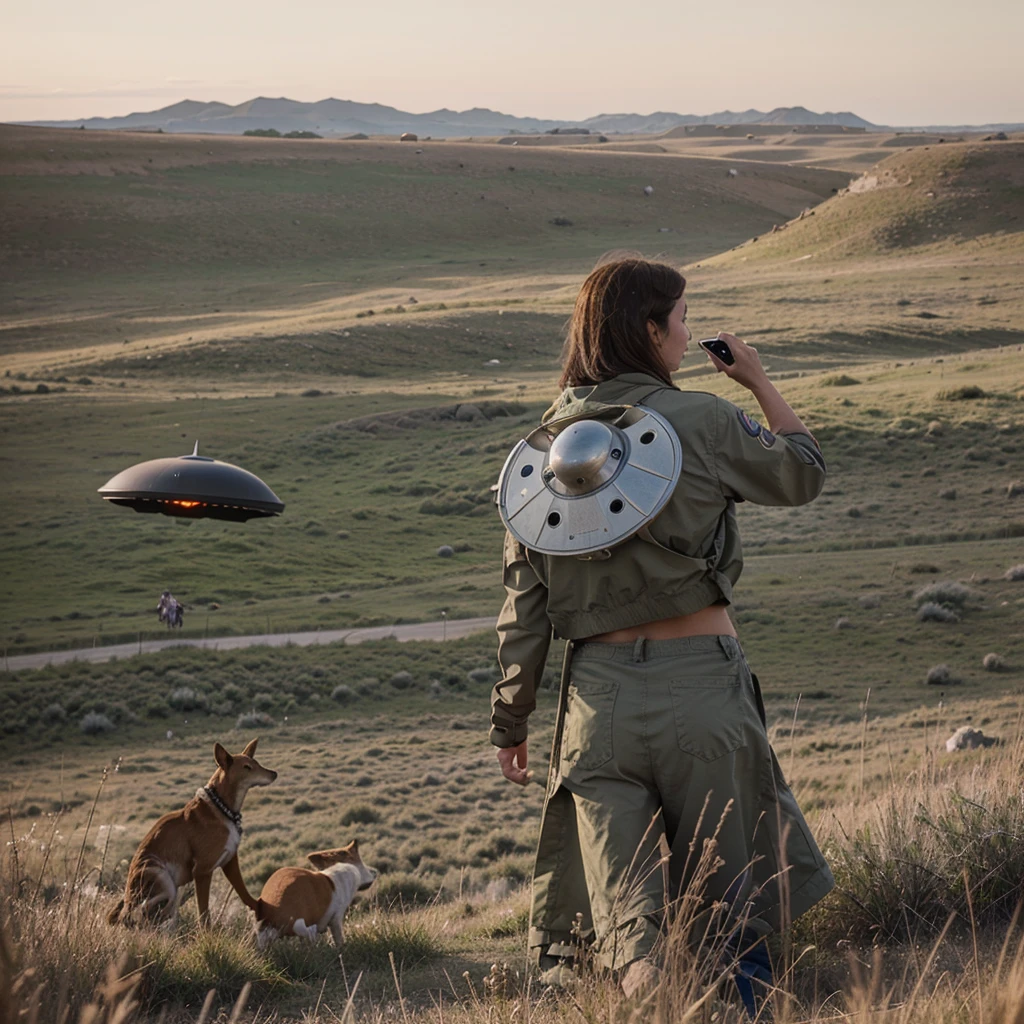 UFO seen in the distance on the grasslands abducting animals while people watch in amazement 