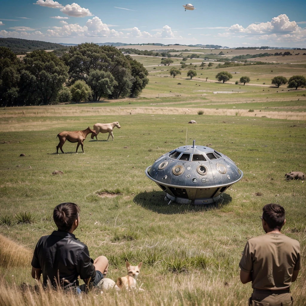 UFO seen in the distance on the grasslands abducting animals while people watch in amazement 