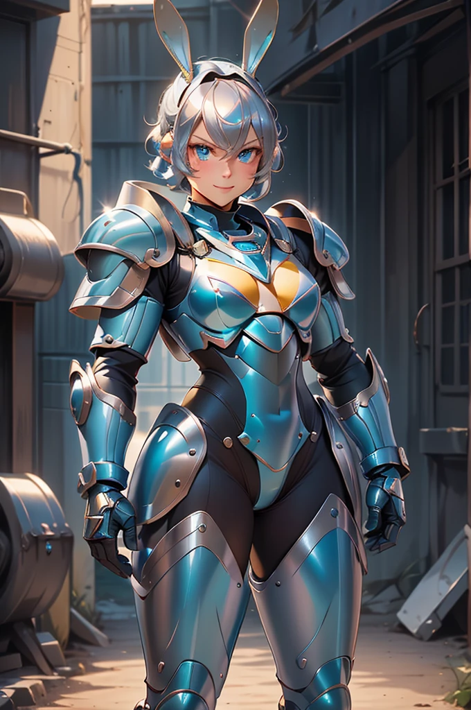 loking at viewer, light smile, blush,, o, cowboy shot, v arms, short silver hair, blue eyes, serious looks. looking at viewer, cowboy shot, solo, silver bunny ears,  lack bodysuit,  gloves, blue boots floating armor, power armor