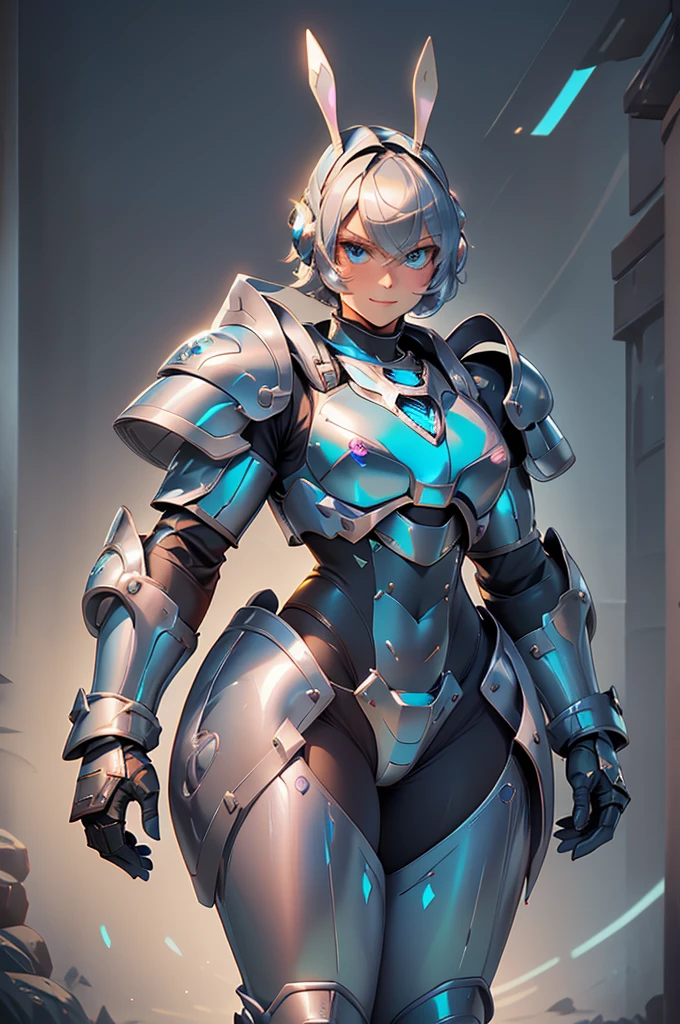 loking at viewer, light smile, blush,, o, cowboy shot, v arms, short silver hair, blue eyes, serious looks. looking at viewer, cowboy shot, solo, silver bunny ears,  lack bodysuit,  gloves, blue boots floating armor, power armor