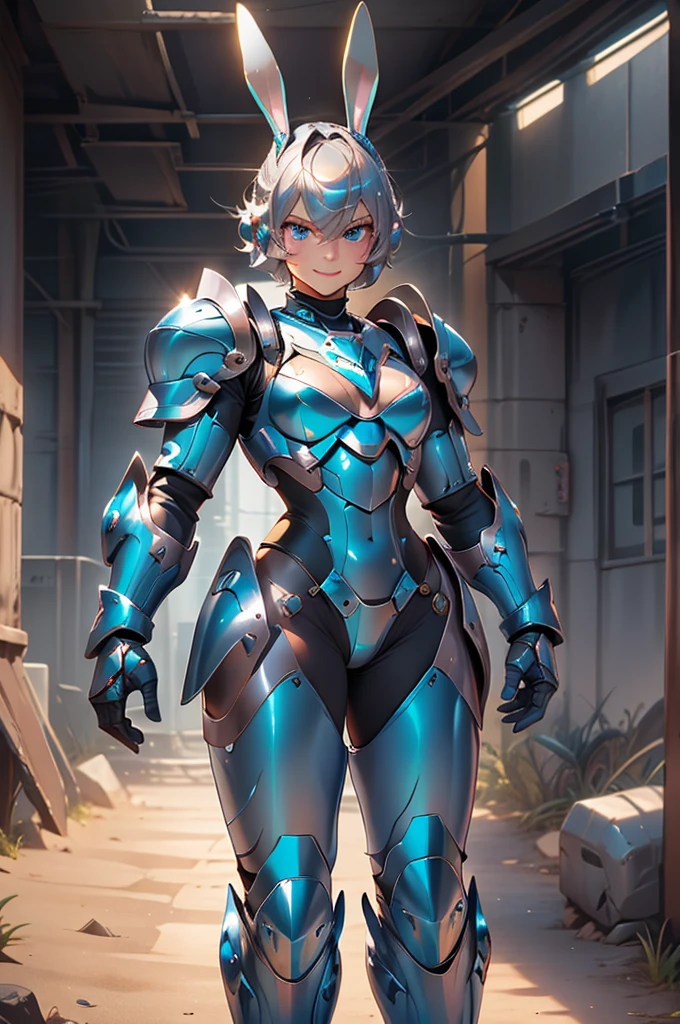 loking at viewer, light smile, blush,, o, cowboy shot, v arms, short silver hair, blue eyes, serious looks. looking at viewer, cowboy shot, solo, silver bunny ears,  lack bodysuit,  gloves, blue boots floating armor, power armor