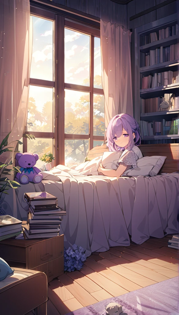 best quality:1.2,ultra-detailed,,long lavender hair,purple eyes,soft smile,tired eyes,gentle expression,sleepy atmosphere,peaceful setting,farewell mood,calming ambiance,serene tone,anime style,lucid dream lighting,cozy bedroom,soft sunlight filtering,flowing curtains,floral wallpaper,dark wooden furniture,comfortable bed,messy sheets,pastel colors,relaxing environment,farewell letter,bookshelf filled with memories,stack of books,plush toys,fragrant flowers,sunshine pouring in from the window,poster of dreamy landscapes,quiet atmosphere,lone teddy bear,gentle whispers of wind,whispers of goodbye.