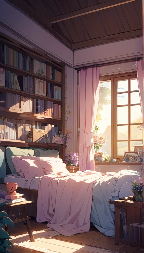 best quality:1.2,ultra-detailed,,long lavender hair,purple eyes,soft smile,tired eyes,gentle expression,sleepy atmosphere,peaceful setting,farewell mood,calming ambiance,serene tone,anime style,lucid dream lighting,cozy bedroom,soft sunlight filtering,flowing curtains,floral wallpaper,dark wooden furniture,comfortable bed,messy sheets,pastel colors,relaxing environment,farewell letter,bookshelf filled with memories,stack of books,plush toys,fragrant flowers,sunshine pouring in from the window,poster of dreamy landscapes,quiet atmosphere,lone teddy bear,gentle whispers of wind,whispers of goodbye.